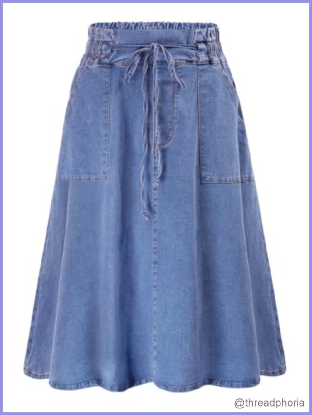 Women's Midi Denim Skirt A-Line Frill Tie Waist Pockets Casual Cotton